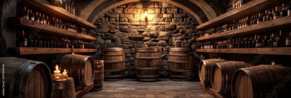 Poster a rustic wine cellar featuring wooden barrels and shelves brimming with assorted wine bottles in a c