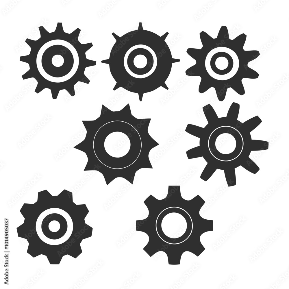 Poster set of gear vector icons in silhouette style with different tooth patterns and shapes. minimal gear 