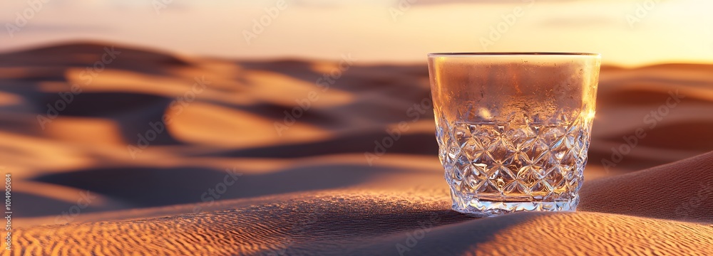 Poster 3. an artistic 3d render of a blank frosty glass in a desolate desert setting, where shimmering sand