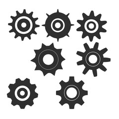 Set of  gear vector icons in silhouette style with different tooth patterns and shapes.
Minimal gear silhouette vector icons, perfect for technical illustrations and mechanical graphics.