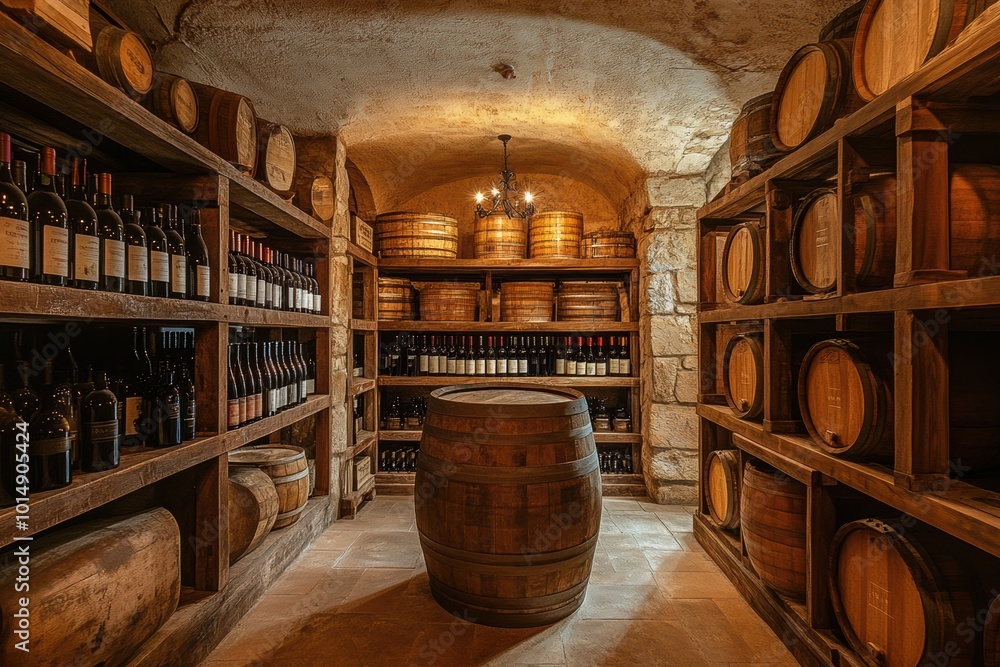 Poster A rustic wine cellar featuring wooden barrels and shelves filled with bottles, creating an inviting atmosphere for wine enthusiasts. Generative AI