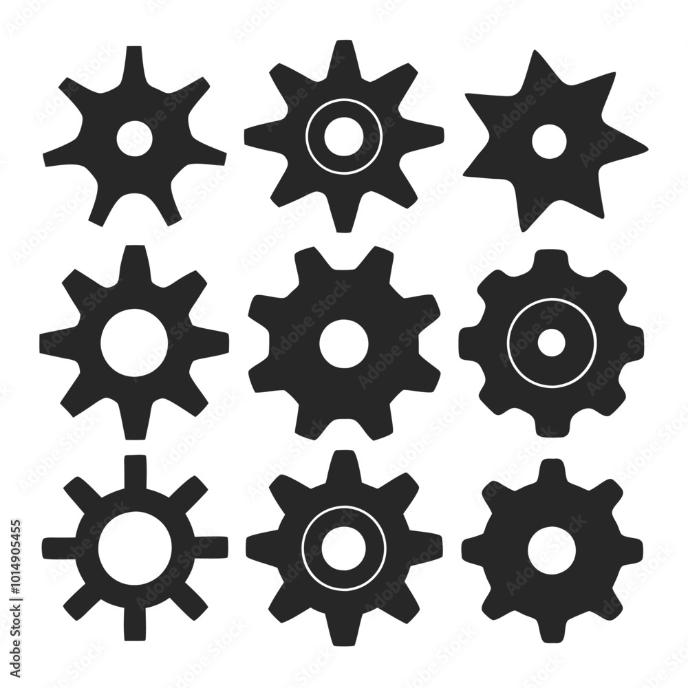 Poster set of gear vector icons in silhouette style with different tooth patterns and shapes. minimal gear 