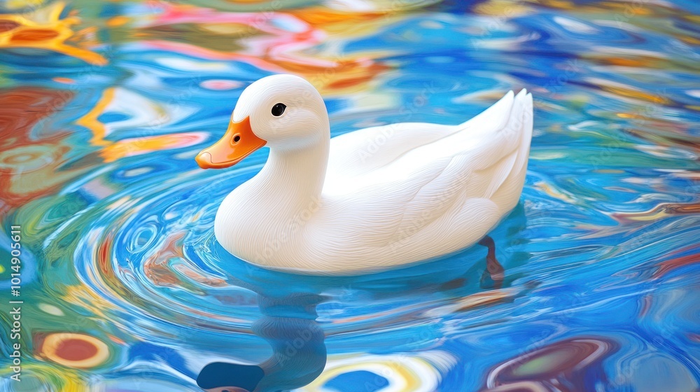 Poster a white rubber duck floating in a blue pool with ripples and abstract colorful reflections.