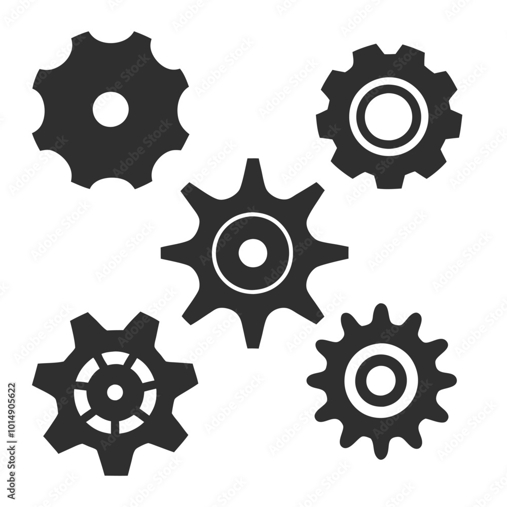 Poster set of gear vector icons in silhouette style with different tooth patterns and shapes. minimal gear 