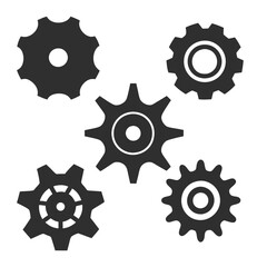 Set of  gear vector icons in silhouette style with different tooth patterns and shapes.
Minimal gear silhouette vector icons, perfect for technical illustrations and mechanical graphics.