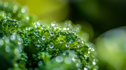 Dew Drops on Fresh Broccoli Macro Shot