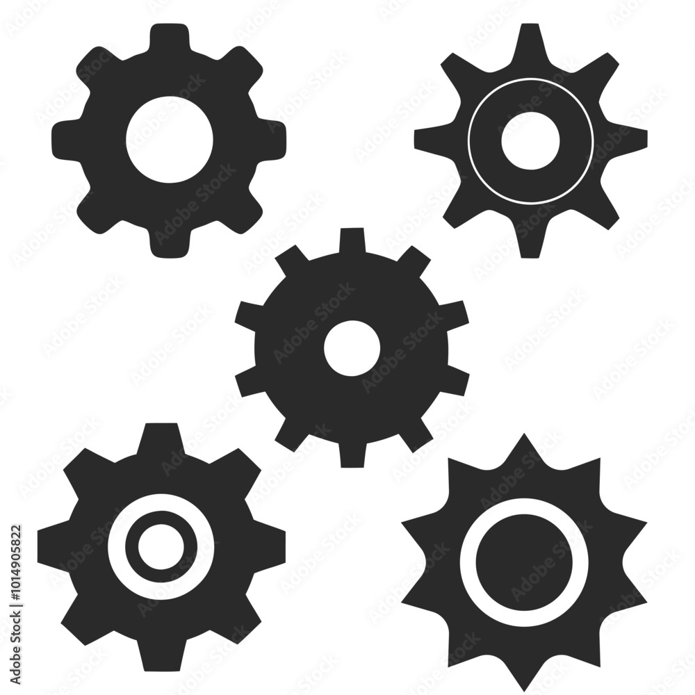 Poster set of gear vector icons in silhouette style with different tooth patterns and shapes. minimal gear 