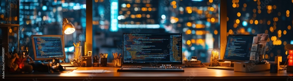 Poster a desk with a laptop and two monitors displaying code, illuminated by a lamp, with a city skyline vi