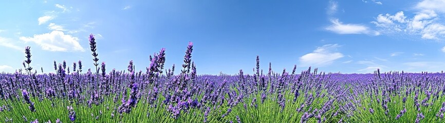 A vast field of purple lavender flowers in full bloom against a clear blue sky with white clouds.