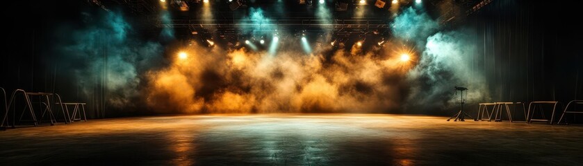 Bright stage lights illuminate a smoky performance area, creating an enchanting atmosphere for art and entertainment.