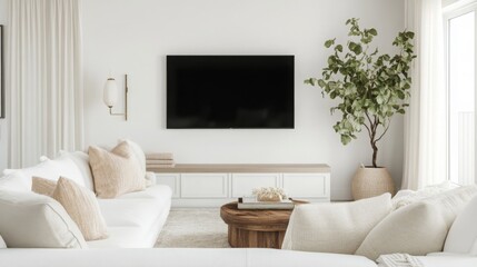 A modern living room with a large, white sofa featuring multiple pillows. A flat-screen television is mounted above a white entertainment center. A large, potted plant sits next to the sofa