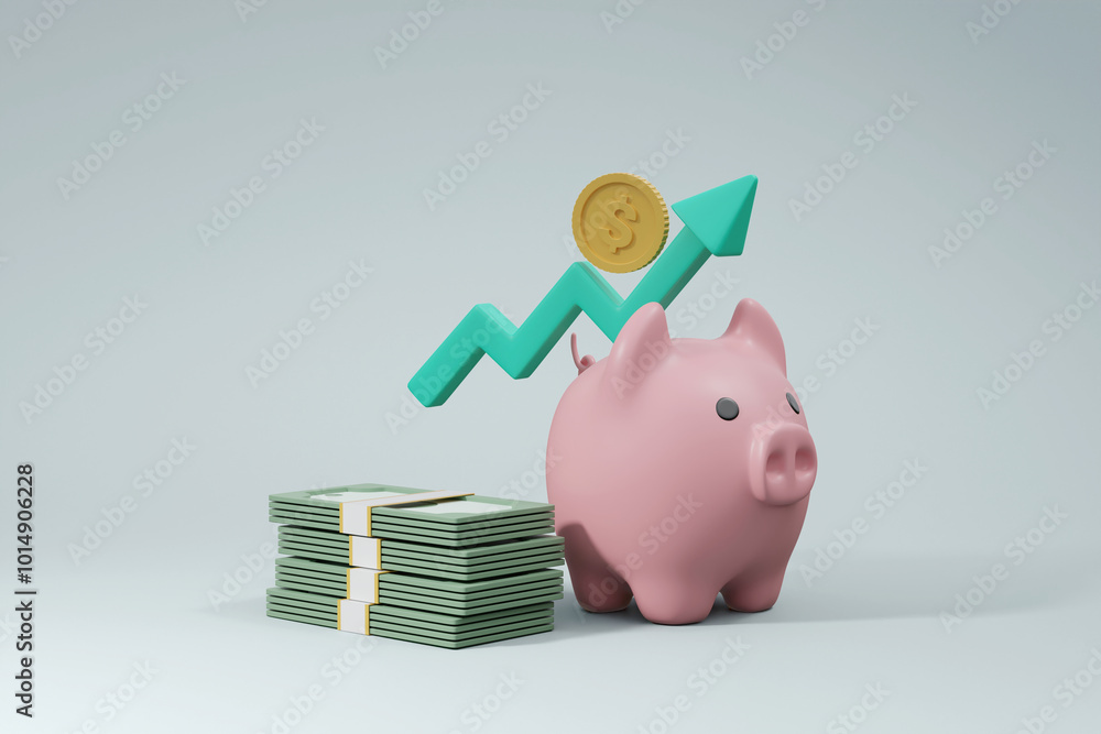 Poster 3d rendering of ideas for increasing savings. it shows a piggy bank with a stack of bills, an arrow 