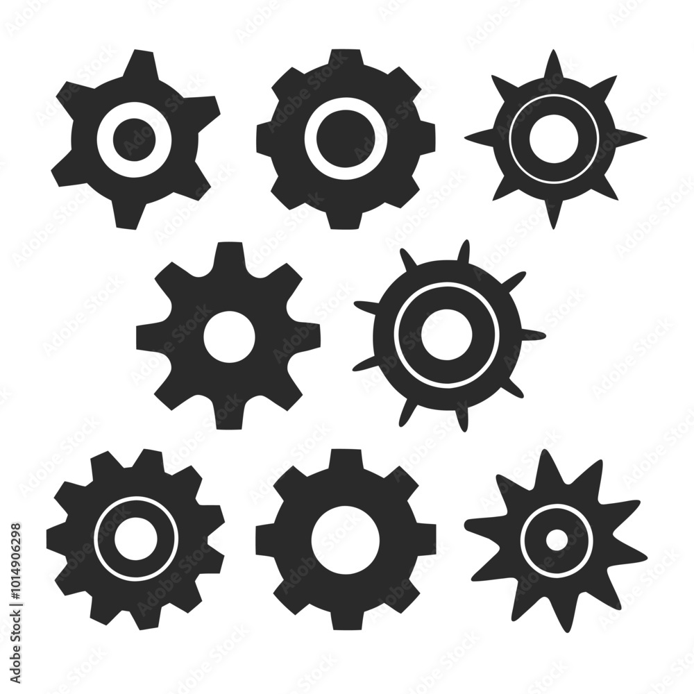 Poster set of gear vector icons in silhouette style with different tooth patterns and shapes. minimal gear 