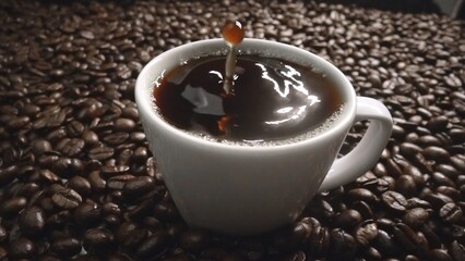Close up of coffee bean drop in to hot espresso with pile of coffee seed. Macro of freshly roasted bean falling in to cup with aromatic smoke. Slow motion. Organic coffee seed concept. Comestible.