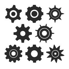 Set of  gear vector icons in silhouette style with different tooth patterns and shapes.
Minimal gear silhouette vector icons, perfect for technical illustrations and mechanical graphics.