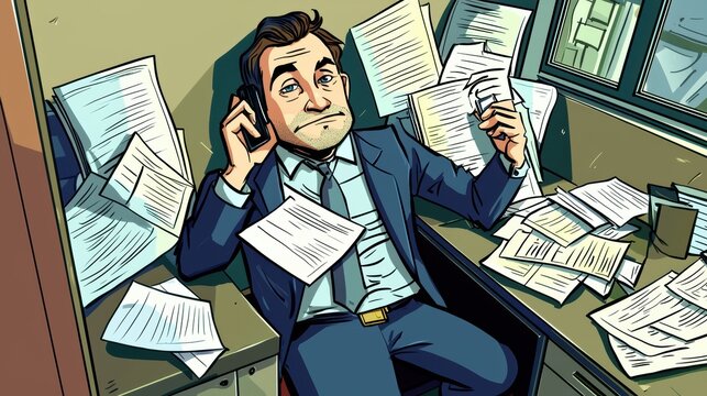Cartoon-style businessman in an office corner, holding a phone with scattered paperwork and a messy desk, symbolizing a hectic workday in a fun and exaggerated manner., ,