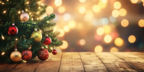 Christmas light countertop. Empty wood table top counter with abstract warm Xmas light blur background with festive golden bokeh. Holiday backdrop, mock up banner display. Advertise, montage product