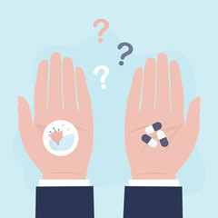 Choosing between an antibiotic pill and natural herbal treatment. Patient holding drugs one hand and plant leaves icon in another, with question signs above.