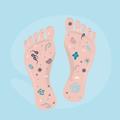 Dirty human foot, various microorganisms and bacterias on the feet. Unsanitary conditions, various pathogens and parasites on an unwashed foot. Health care, microbiology.