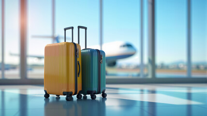  Two stylish suitcases, one yellow and one green, stand in an airport terminal with an airplane in the background. This image is perfect for travel blogs, packing tips, or airline promotions