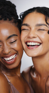 Skincare, beauty and women in studio for natural, wellness and facial routine with healthy glow. Happy, cosmetic and friends with dermatology for face brightening and hydration by white background.