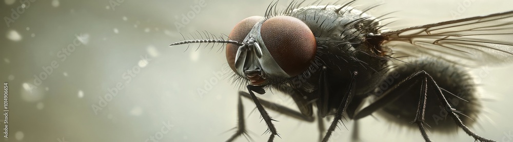 Poster macro shot of a fly on a white background with bokeh.