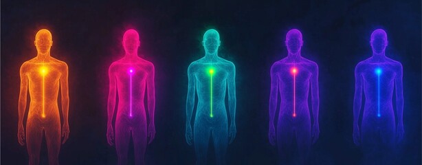 Abstract silhouettes of human figures illuminated in vibrant colors, highlighting energy points along the bodies against a dark backdrop.