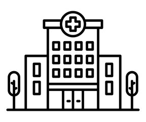 Black outline icon of a hospital building with a cross symbol. Represents healthcare, medical services, or hospital facilities. Editable stroke.