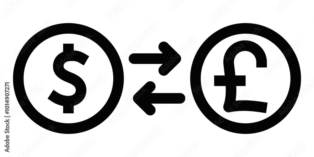 Canvas Prints black outline icon of dollar and pound symbols with arrows, representing currency exchange between m