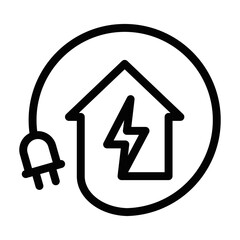 Black outline icon of a house with a plug, symbolizing smart homes, energy efficiency, and renewable electricity systems. Editable stroke.