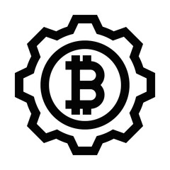 Black outline icon of a gear with a Bitcoin symbol in the center, representing cryptocurrency, blockchain, and financial technology. Editable stroke.