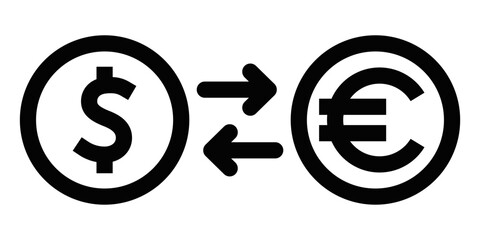 Black outline icon of dollar and euro symbols with arrows, representing currency exchange and international financial transactions. Editable stroke.