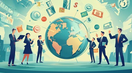 Cartoon-style businesspeople around a large, spinning globe, with stock market symbols and currency icons orbiting around., ,