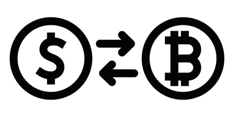 Black outline icon of dollar and bitcoin symbols with arrows, representing cryptocurrency exchange and digital financial systems. Editable stroke.