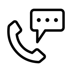 Black outline icon of a phone with a speech bubble, representing communication, customer service, or technical support. Editable stroke.