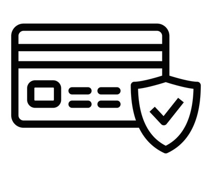 recommend clip art: Black outline icon of a credit card with a shield and checkmark, representing secure transactions and financial protection. Editable stroke.