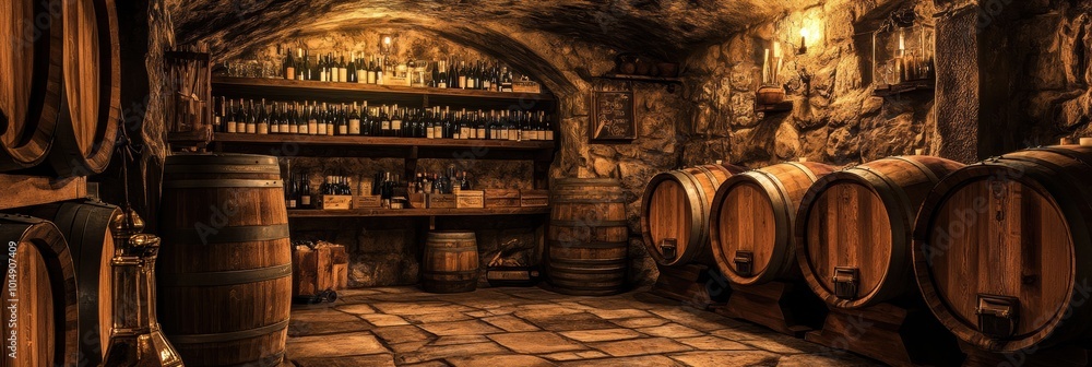 Poster discover a rustic wine cellar filled with wooden barrels and shelves stacked with fine wine bottles 