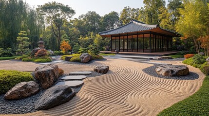 Tranquil Zen garden with raked sand and stones, captured from an overhead perspective, highlighting the simplicity and calmness in muted colors 