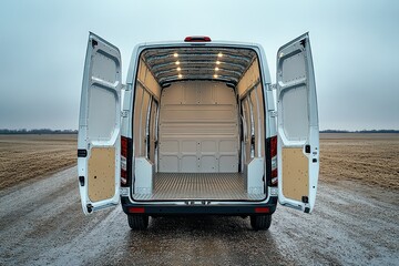 Back doors of cargo van swing wide open, revealing immaculate, empty interior bathed in soft daylight.