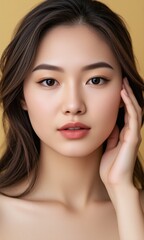 Obraz premium Portrait woman natural makeup contemplative expression pastel studio background