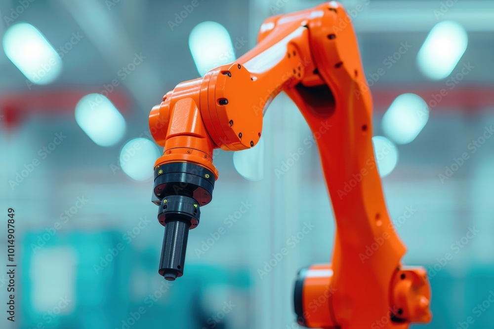 Poster close-up of an orange industrial robotic arm designed for automation, commonly used in advanced manu