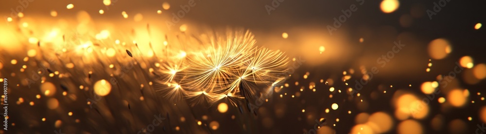 Poster abstract background with dandelion seeds and golden bokeh.