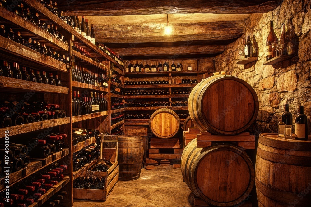 Poster a charming wine cellar featuring wooden barrels and shelves stocked with a diverse collection of win