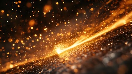Fototapeta premium An angle grinder cutting metal generates bright orange sparks against a dark background, presenting a dramatic industrial scene with motion blur and high contrast textures.