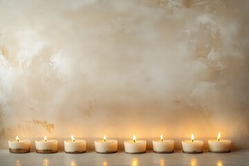  Simple yet elegant arrangement of small votive candles positioned along lower edge of image.