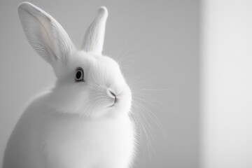 Fototapeta premium Wide-eyed snow-white rabbit stares straight ahead, its long ears standing tall against stark white background.