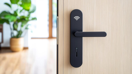 A modern smart lock mounted on a wooden door, featuring a sleek design and Wi-Fi connectivity, with a glimpse of a bright interior space in the background.