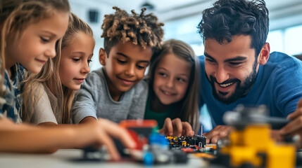 Educator working with a group of children with different learning needs, using adaptive teaching methods and tools to ensure all students have access to the same educational opportunities in 