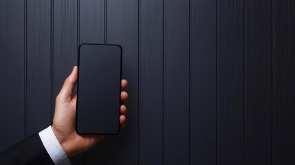 A sleek smartphone held in a hand against a dark wooden background, emphasizing modern technology and minimalistic design.