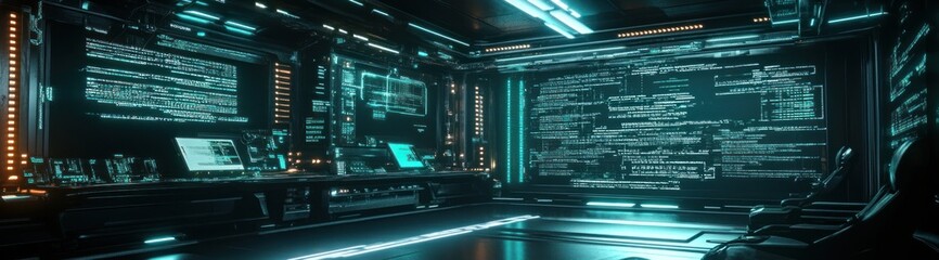 Obraz premium Futuristic control room with glowing monitors displaying lines of code.
